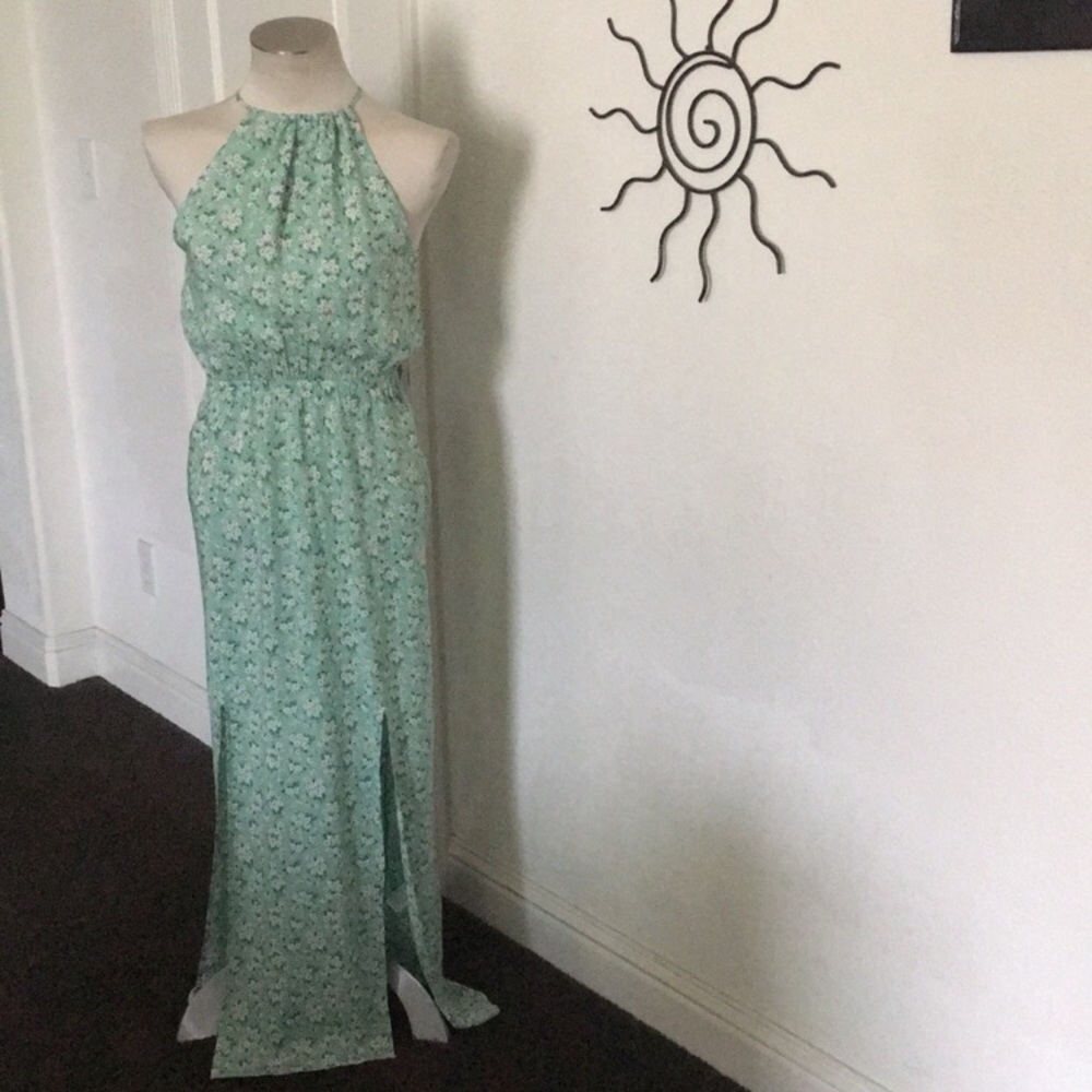 Forever 21 Mint Multi Floral Tie Neck Maxi Dress